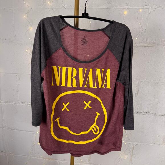 NIRVANA Tops - nirvana smiley face raglan 3/4 sleeve graphic band shirt burgundy gray L